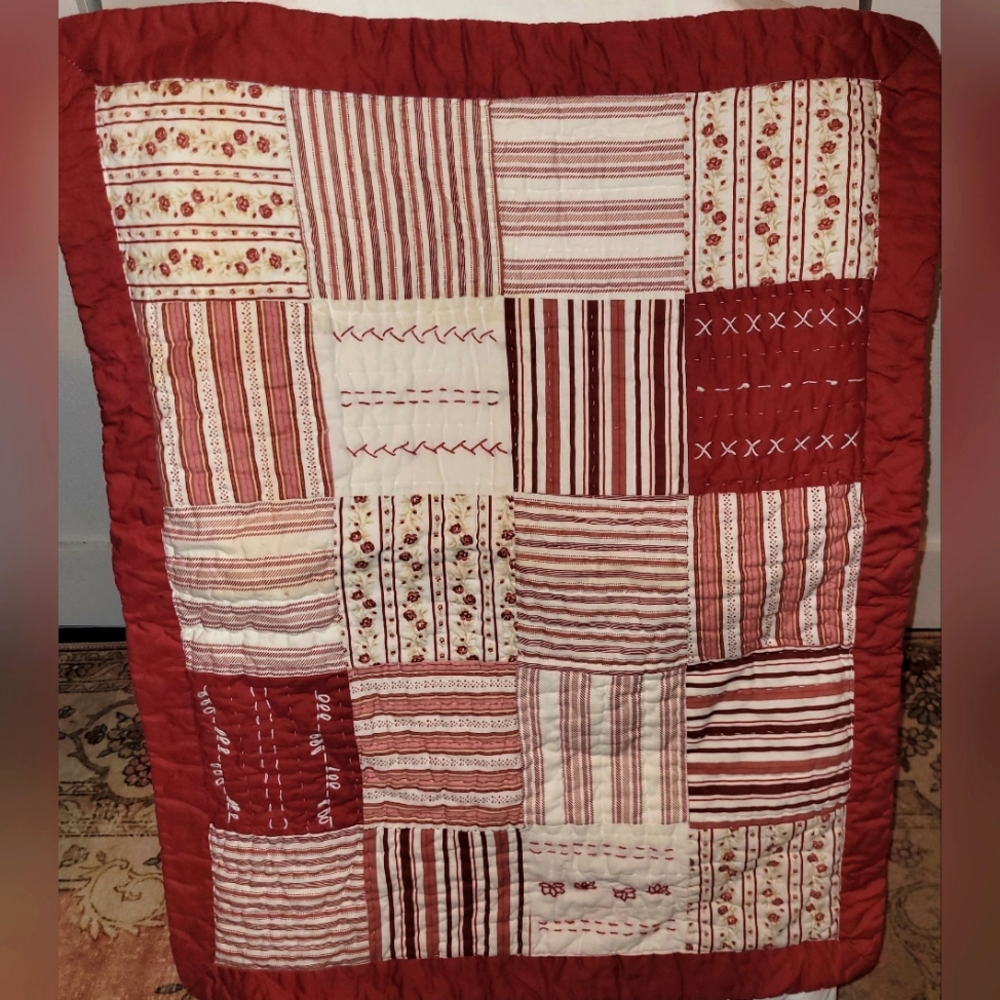 Red and Cream Cotton Patchwork Embroidered Standard Pillow Shams Set of 2